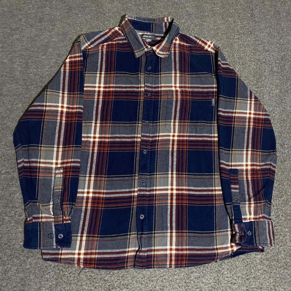 Eddie Bauer Mens XXL Flannel Shirt Navy Blue Orange Plaid Long Sleeve Outdoors